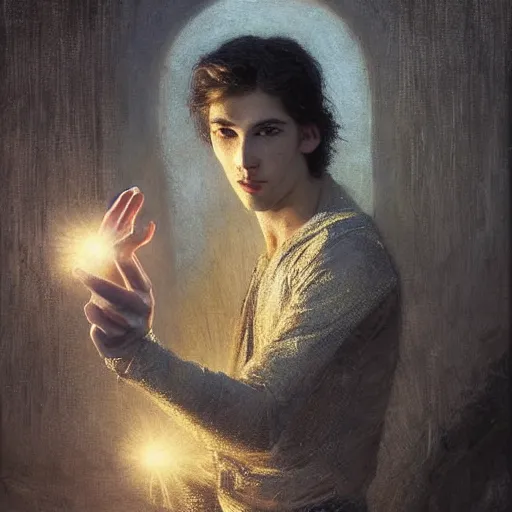 Prompt: a handsome slender young man with wavy brown hair summons a ball of light into his hand. urban fantasy. modern. dramatic. cinematic. holy. saintly. demigod. lord of light. detailed. sharp. photo realistic. realism. gaston bussiere. geoffroy thoorens