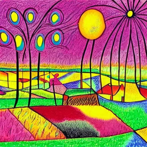 Image similar to chaotic by larry carlson color field paintingcubist, fuchsia. a beautiful drawing depicting a farm scene. the drawing shows a view of an orchard with trees in bloom.