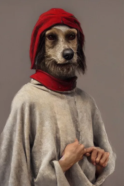 Prompt: Slavic dog head man, woolen torso in medieval clothes, characteristic of cynocephaly, oil painting, hyperrealism, beautiful, high resolution, trending on artstation,