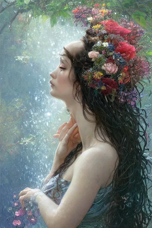 Image similar to portrait of a beautiful mysterious woman holding a bouquet of flowing flowers, wet dripping long hair, hands hidden from view, emerging from the water, fantasy, regal, intricate, by stanley artgerm lau, greg rutkowski, thomas kindkade, alphonse mucha, loish, norman rockwell