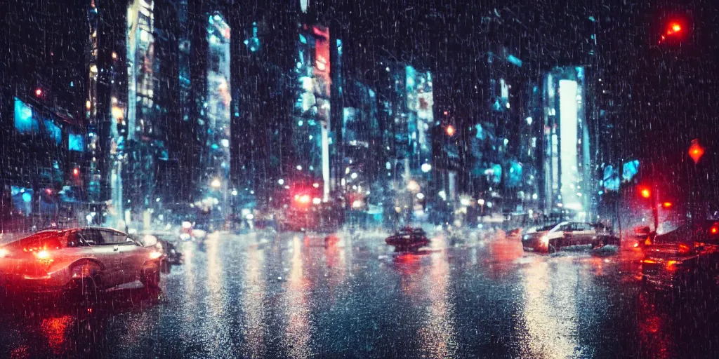 Prompt: a city street at night, raining, photograph, cars on the road, cyberpunk, sharp focus