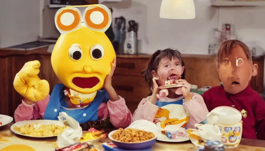 Prompt: 1 9 9 0 s candid 3 5 mm photo of a beautiful day in the family kitchen, cinematic lighting, cinematic look, golden hour, an absurd costumed mascot from the wacky giant face space club show is forcing the children to eat cereal, children are eating way too much cereal, uhd
