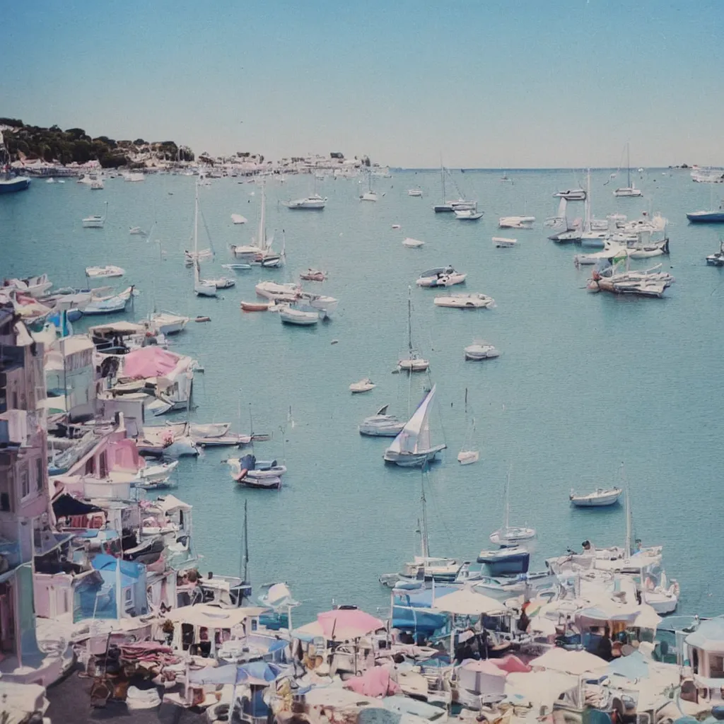 Prompt: a pastel colour high fidelity wide angle polaroid art photo from a holiday album at a seaside with sail boats, nostalgic