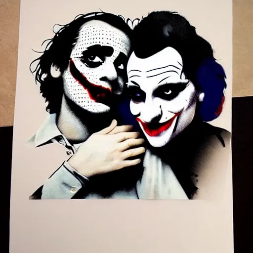 Image similar to mimmo rottela and banksy as joaquin phoenix skinny joker holding hand lady gaga harley queen, photorealistic, intricate details, pop art style, baroque, hyperdetailed, concept art, ultrarealistic, 3 colors, smooth, sharp focus