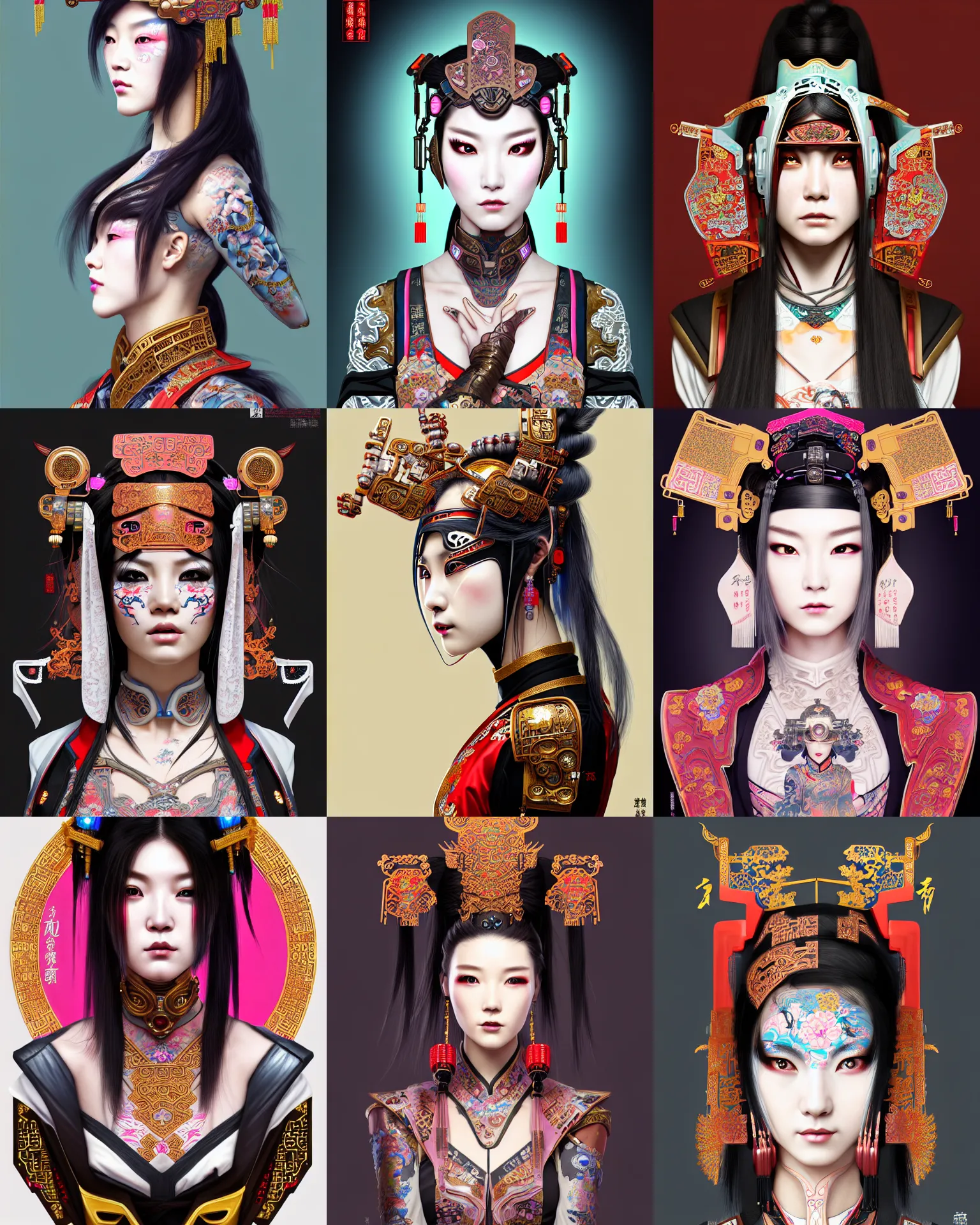 Prompt: upper half portrait of a female with machine head gear cyberpunk face accessories, decorated with chinese opera motifs, royal, fine china, wuxia, traditional chinese art intricate intense elegant highly detailed digital painting artstation concept art smooth sharp focus illustration, art by mike nash and artgerm and alphonse mucha and vania zouravliov, 8 k