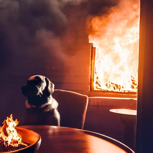 Image similar to a photograph of an humanlike relaxed dog in his house, sitting at a table, ☕ on the table, surrounded by flames, room is on fire, smoke under the ceiling