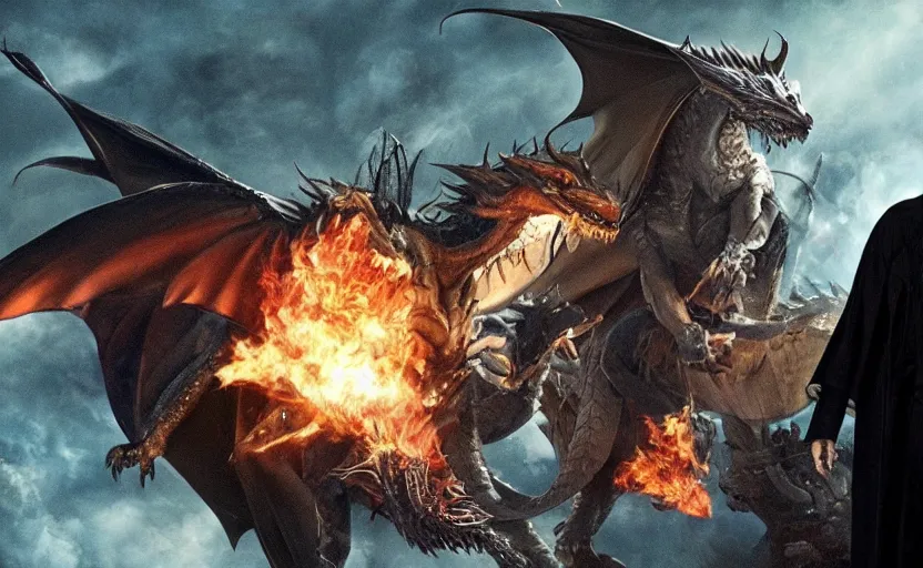 Image similar to keanu reeves dressed in wizard robes fighting a dragon on a fantasy battlefield