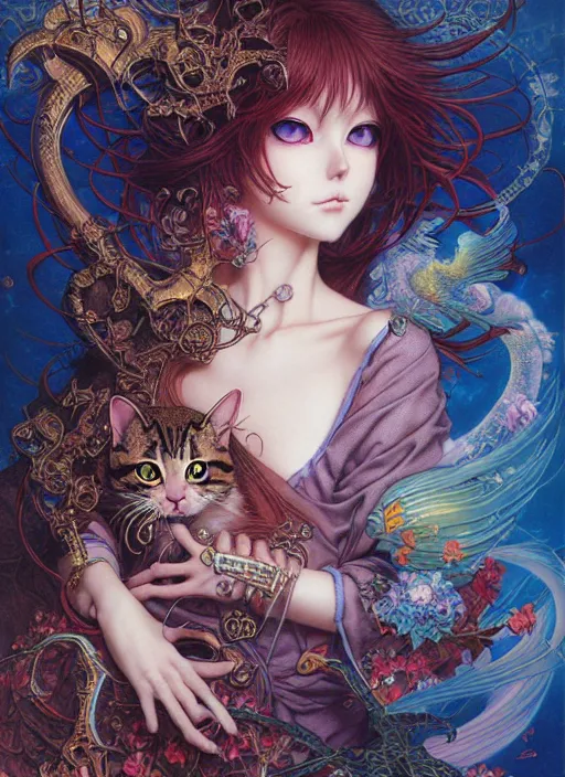 Prompt: fanciful detailed image of a cute cat girl, anime key visual by Ayami Kojima, Amano, Karol Bak, Greg Hildebrandt, and Mark Brooks, Neo-Gothic, rich deep colors. art by Hamada Yoshikazu . masterpiece. Beksinski painting.