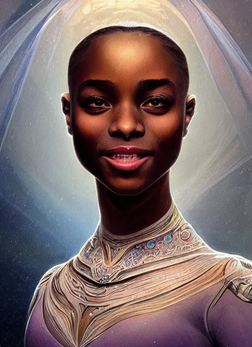 Image similar to ultra realistic illustration, smiling nubian prima ballerina, sci - fi, fantasy, symmetrical face, intricate, elegant, highly detailed, digital painting, artstation, concept art, smooth, sharp focus, illustration, art by artgerm and alphonse mucha