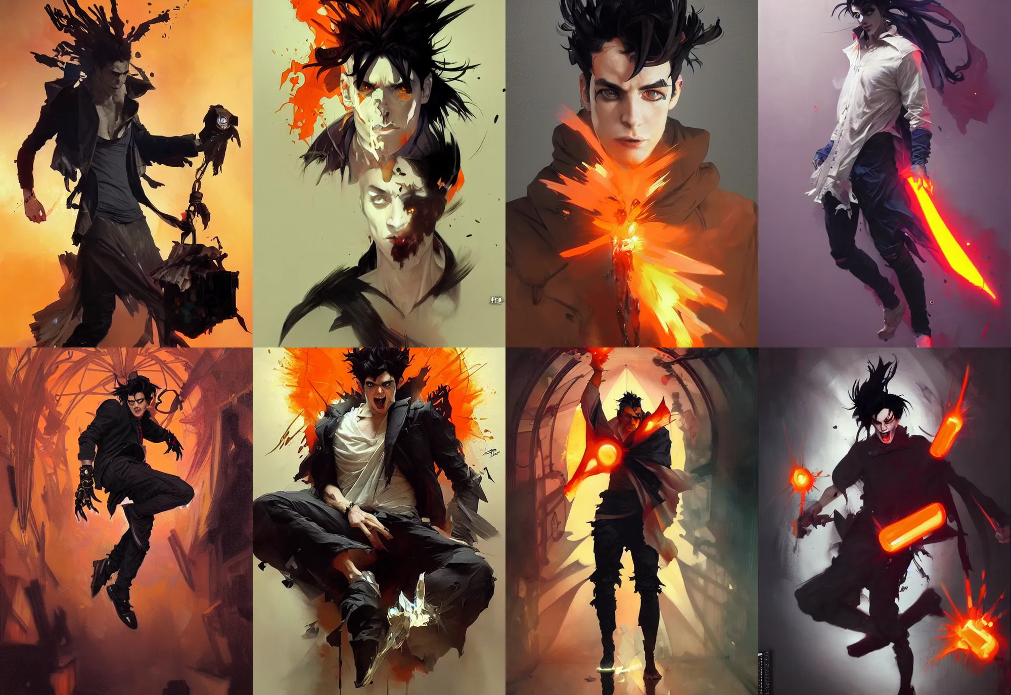 Prompt: a mad guy with spike black hair, orange spike aura in motion, damaged clothes, painted artgerm and greg rutkowski and alphonse mucha, trending on artstation