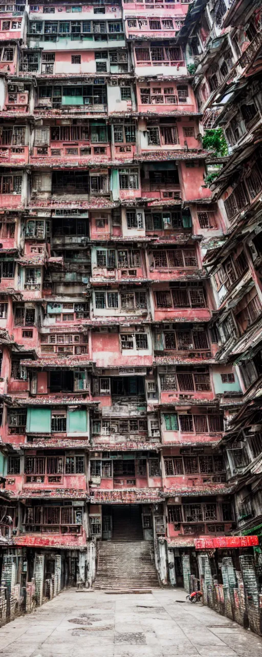 Image similar to a front view of the exterior of Kowloon walled city in Hong Kong, flat lay, flat perspective, front perspective, very detailed, photoreal, 8k,