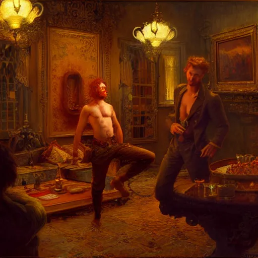 Prompt: attractive male mike with ginger hair and attractive male tyler with brunet hair, drinking their hearts out, in their noble mansion, at night. highly detailed painting by gaston bussiere, craig mullins, donato giancola 8 k