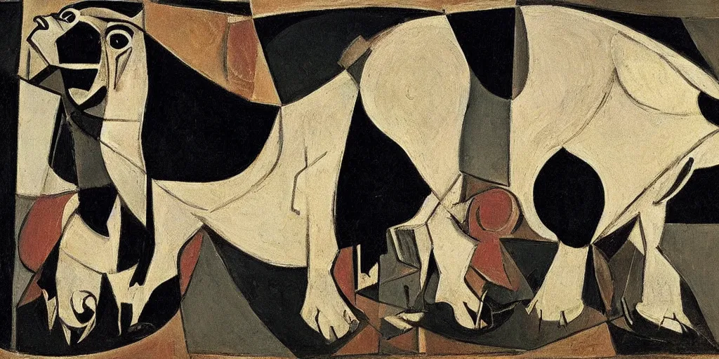 Prompt: a mural of a cow bull looking into a microscope with cells research Picasso guernica