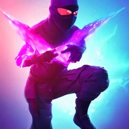 Image similar to ninja surrounded by purple aura, glowing red eyes, full body shot, menacing, stylized, octane render, artstation, digital art, digital painting, devian art