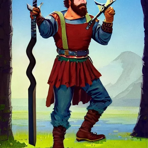 Image similar to hardwon surefoot, hirsute epic level dnd human fighter, wielding a magical sword, wearing magical overalls. thick quads. full character concept art, realistic, high detail digital gouache painting by angus mcbride and michael whelan.