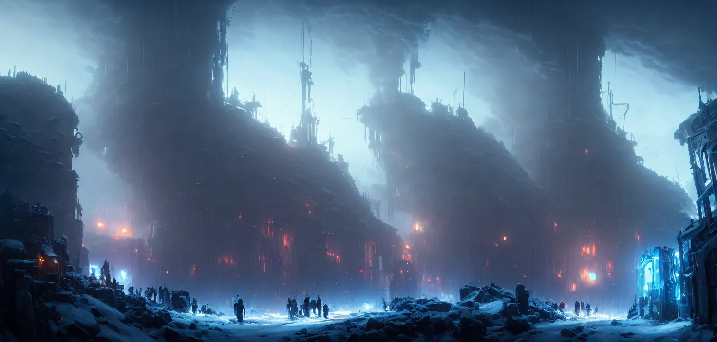 Image similar to frostpunk portal, cinematic view, epic sky, detailed, concept art, high detail, warm lighting, volumetric, godrays, vivid, beautiful, trending on artstation, by jordan grimmer, huge scene, art greg rutkowski