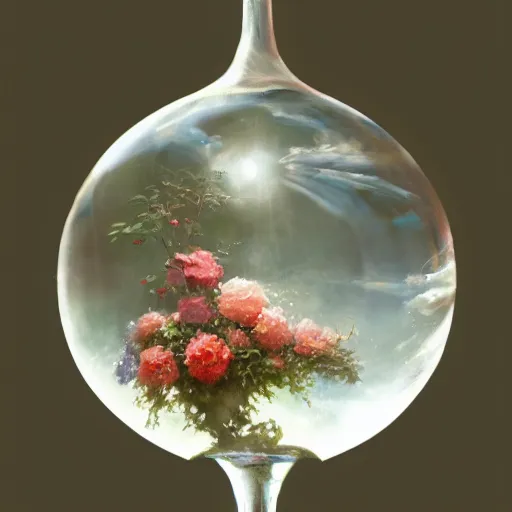 Prompt: concept art, glass ball decorated with flowers, by james gurney, greg rutkowski, john howe, artstation