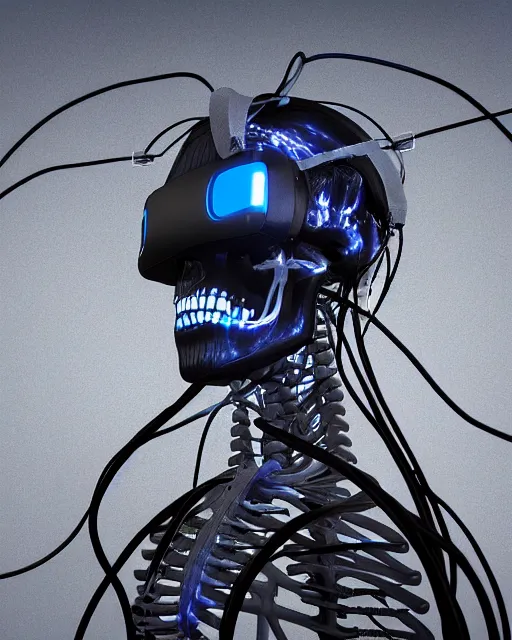 Prompt: cycles render of cyberpunk skull skeleton tethered to a bunch of wires and cords and chains wearing a vr oculus headset subsurface scattering by beeple