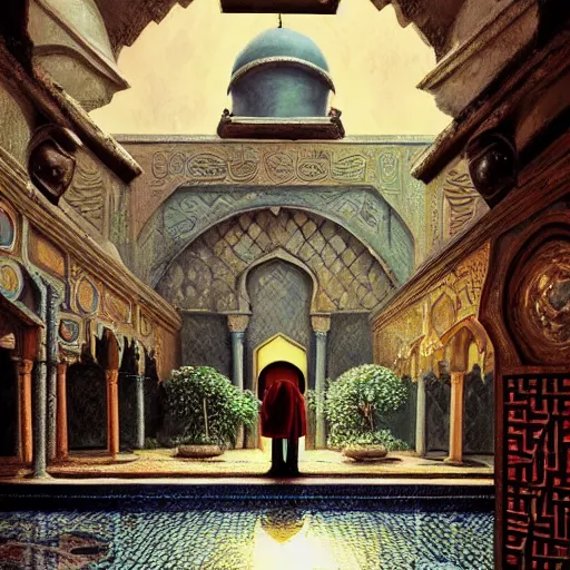 Image similar to detailed face of an arabic woman, opulent courtyard, moment, tectonic sky, skydome, reactor, utopian, tech noir, wet reflections, prism, atmospheric, ambient, pj crook, syd mead, livia prima, artgerm, greg rutkowski, nick alm, casey baugh