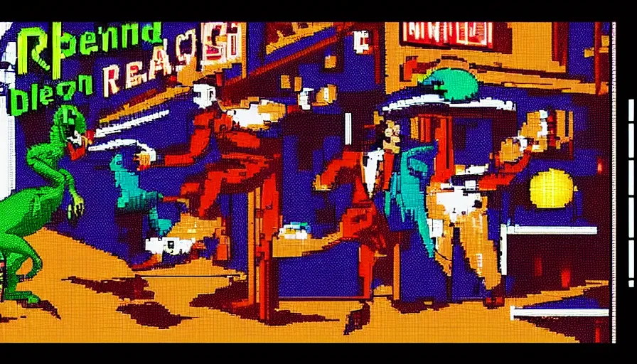 Image similar to beautiful still from retro snes arcade game featuring gene kelly demanding a refund on undercooked overpriced dinosaur steak in downtown dive bar bistro, hyperreal detailed facial features and uv lighting, retro nintendo bitmap pixel art