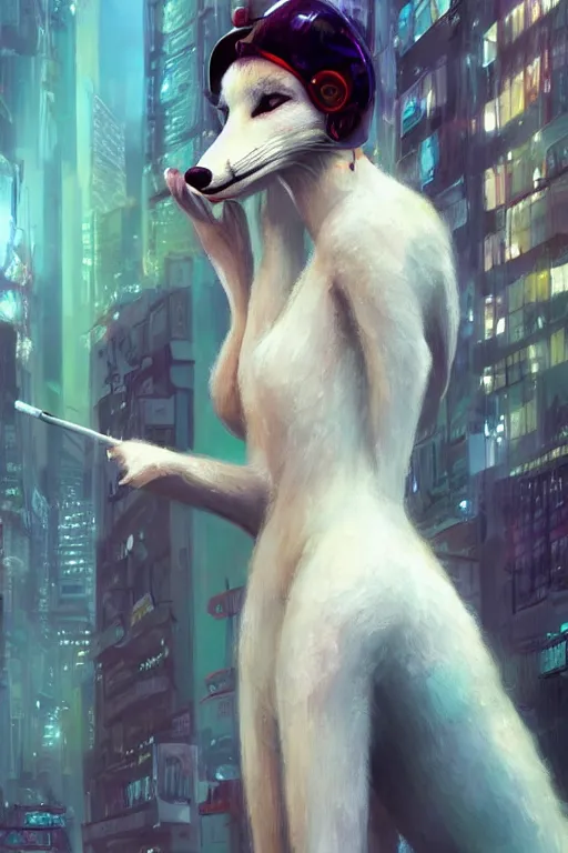 Image similar to award winning gorgeous portrait of a tall, beautiful white female anthro fox smoking a cigarette while towering head and shoulders above the bustling crowd of a rainy city street around her, cyberpunk clothes, harsh neon lights, highly detailed, sharp focus, digital painting, illustration, trending on artstation, art by sakimichan, wlop, greg rutkowski