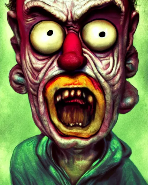 Image similar to portrait of an ugly old possessed clown crying. ugly, creepy, demonic, horror. cinematic lighting. photographic, photography. by justin roiland