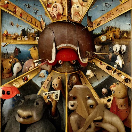 Prompt: anthropomorphic animals worshipping a giant dollar sign, prostration, fear, devotion, by hieronymus bosch, ultra detailed, highly detailed, 8 k, trending on artstation, award - winning art,