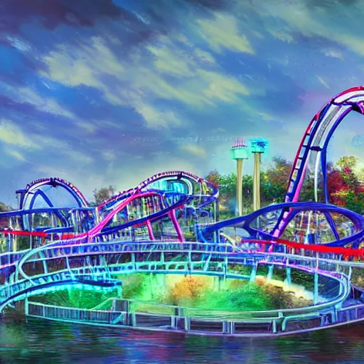 Prompt: view of modern futuristic amusement park, roller coaster, water park, detailed luminescent oil painting 4 k