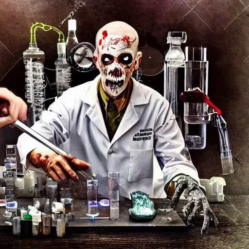 Image similar to Zombie Doctor performing surgery on a cadaver mad scientist laboratory glowing chemistry set viles test tubes potions smoking HDR 8K