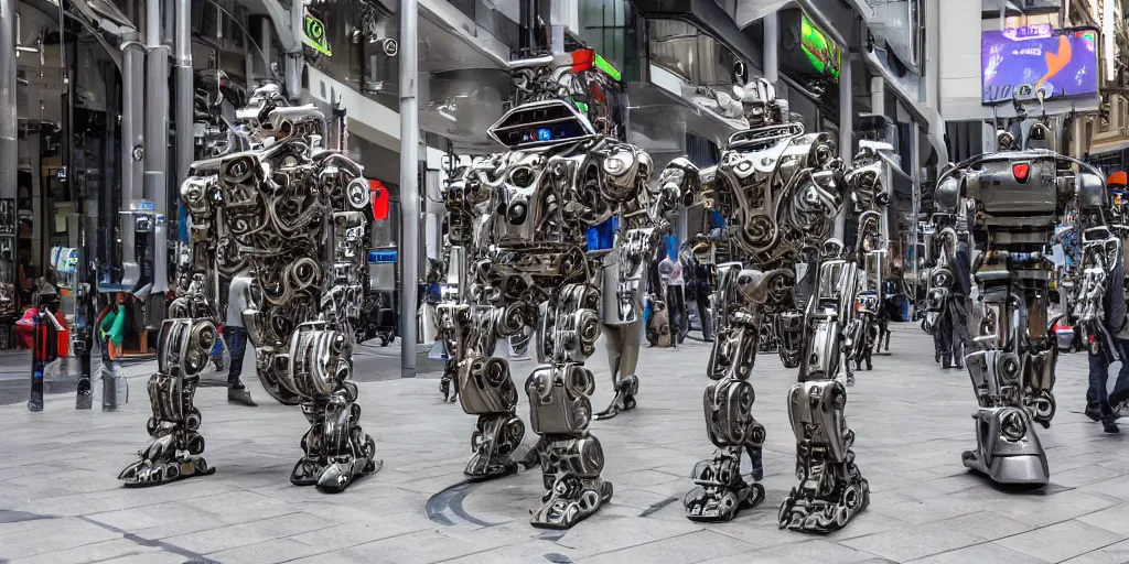 Prompt: A photo of mechanical futuristic robots walking along Rundle Mall in Adelaide, Australia, High detail, realistic photo