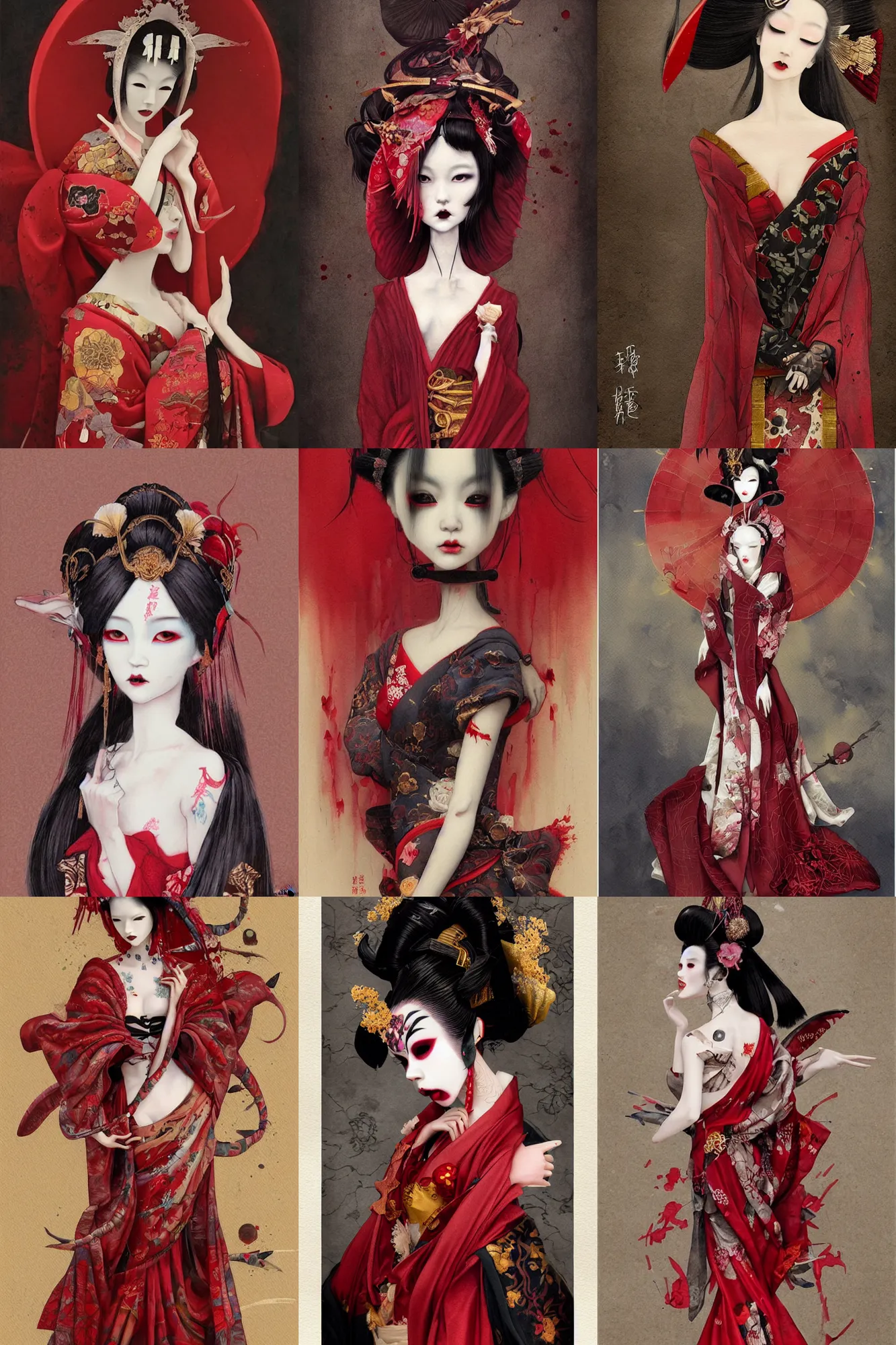 Prompt: watercolor painting of an avant - garde japanese bjd geisha vampire queen with a long neck in a victorian red dress painted by z. w. gu, amy sol, tom bagshaw, intricate detail, artstation, artgerm, in the style of dark - fantasy, rococo, gold leaf art, 3 d fractals
