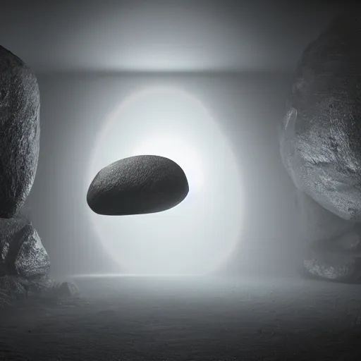 Image similar to a large boulder rock with a metallic finish is embedded in a circular matte black industsrial stage in the center of a dark space, a ring of overhead lights cast onto the rock and it throws caustic reflections into space, low misty atmosphere, hyper realistic image in the style of jeremy geddes but photo real, dark black space, 8k octane render