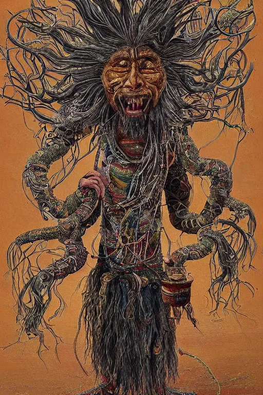 Image similar to a high hyper - detailed painting with complex textures, of an oriental shaman with tangled hair and a terrifying mask, wears a tunic vs. barefoot and has a cane, he is performing a ritual to access the world of imagination and dreams, cosmic horror spiritual visionsrio psicodelico weird bizarre art