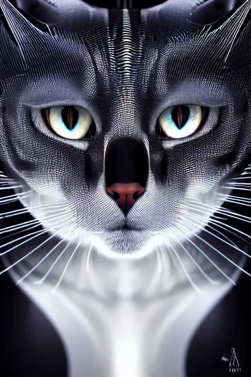 Prompt: portrait of a robotic cat, perfect symmetrical pose, beautiful eyes, perfect face, sharp, by irakli nadar with intricate detailed wearing glowing dress, by leesha hannigan, iris van herpen, artstation, cgsociety, wlop, epic, wow factor, much detail, gorgeous, detailed, masterpiece