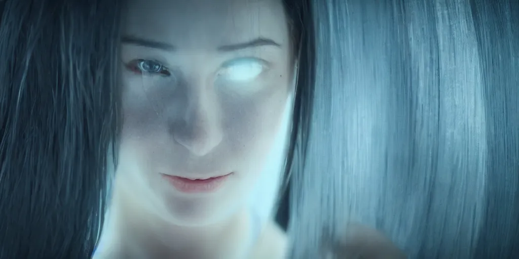 Image similar to a beautiful portrait photo of a young woman in a futuristic world, 8k video still, cinematic