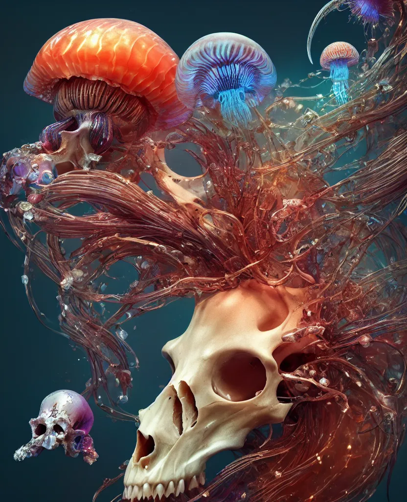 Image similar to goddess close-up portrait goat skull. jellyfish phoenix head, nautilus, orchid, skull, betta fish, bioluminiscent creatures, intricate artwork by Tooth Wu and wlop and beeple. octane render, trending on artstation, greg rutkowski very coherent symmetrical artwork. cinematic, hyper realism, high detail, octane render, 8k