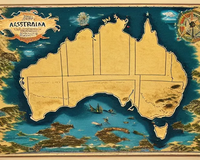 Image similar to recently rediscovered map of Australia, 16k scan, colorized, beautiful, intricate detail,