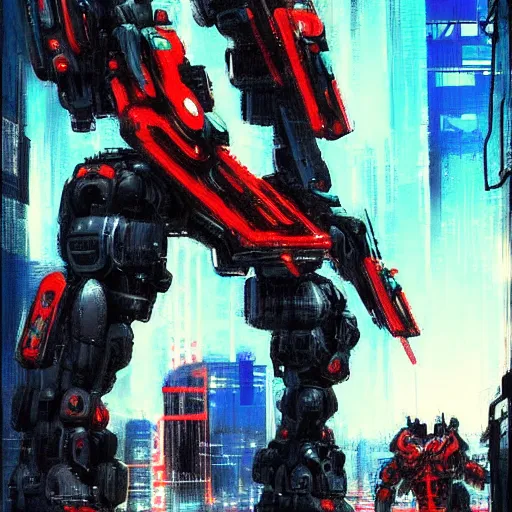 Prompt: arasaka mech, cyberpunk, art by jeff catherine jones, red and blue neon