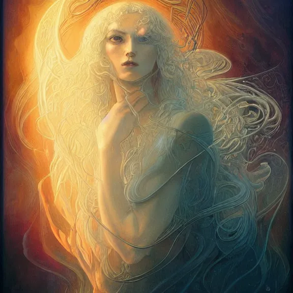 Image similar to a highly detailed beautiful portrait in the style of jean delville and in the style of peter mohrbacher. glowing runes of magical power.