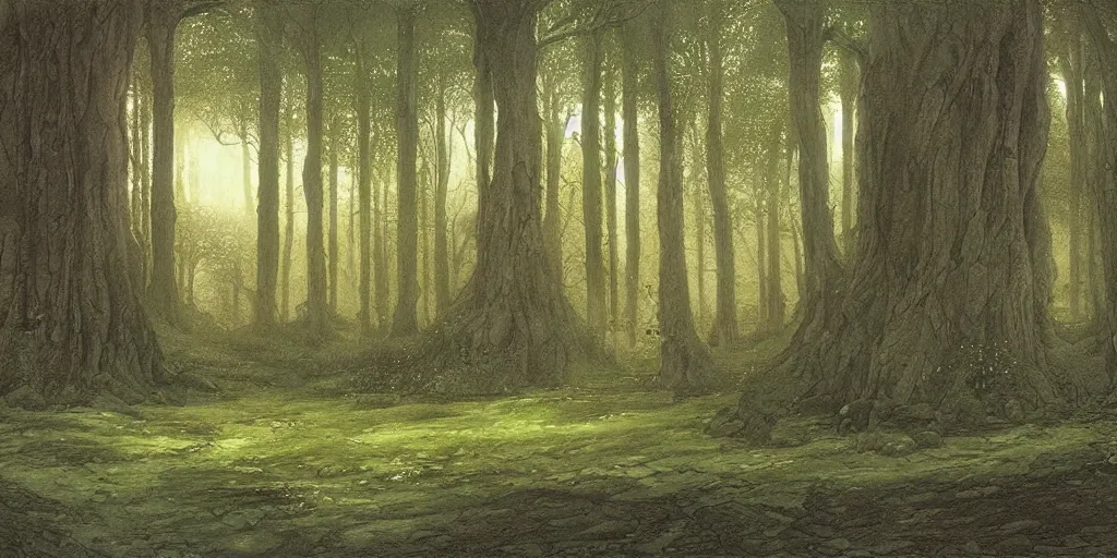 Image similar to Artwork by John Howe of The cinematic view of The Forest of Lost Twilight, a Forest, within which can be found an epitomic manor.