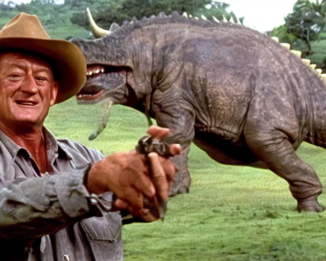 Prompt: john wayne as alan grant in jurassic park (1993), petting triceratops, movie still