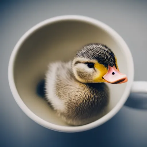 Image similar to cute duckling sitting in a teacup, photography, minimalistic, 8 k