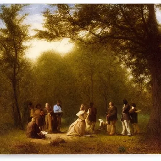 Prompt: Experimental art. a group of people gathered around a large tree in a forest. The tree is surrounded by a bright light, and the people appear to be looking up at it in wonder. pear, cream by Eastman Johnson forbidding, atmospheric