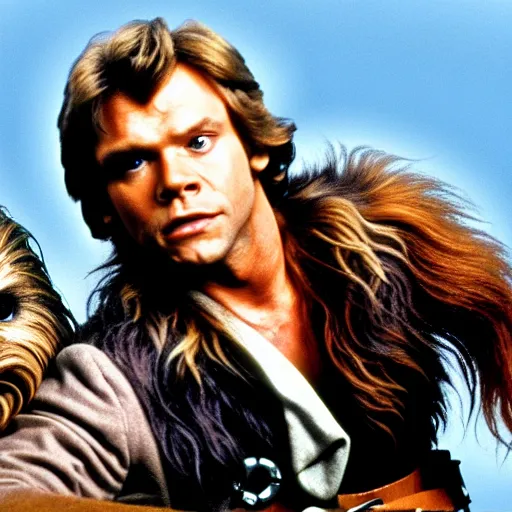 Prompt: a still of mark hamill as han solo, with chewbacca, in return of the jedi, 8 k