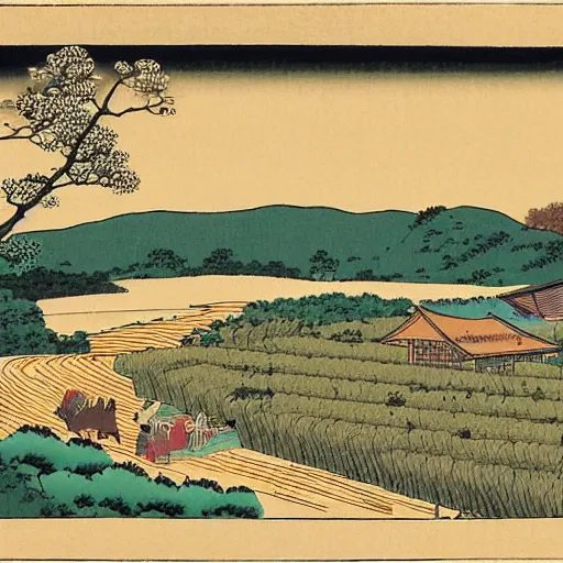 Image similar to a farm next to a lake in the style of ukiyo - e