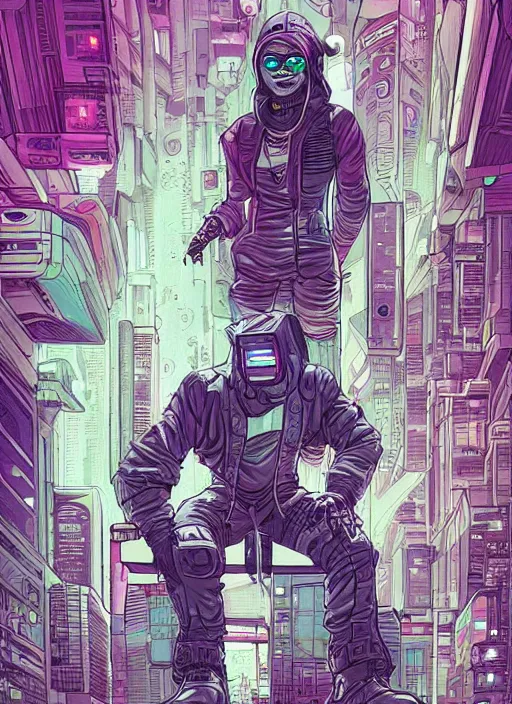 Prompt: cyberpunk hacker with robot feet. portrait by josan gonzales