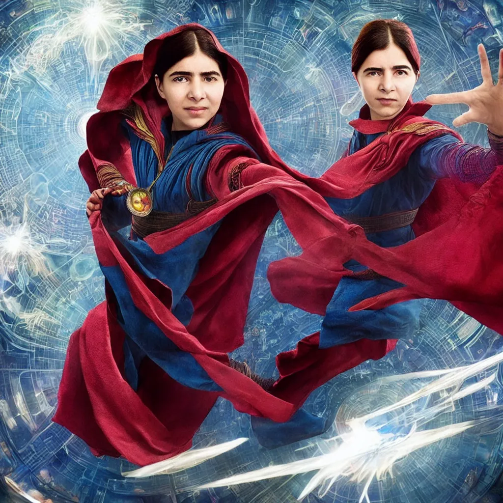 Prompt: Malala Yousafzai as Doctor Strange, film still from the movie Doctor Strange