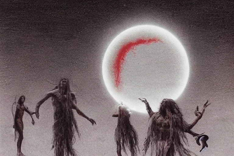 Image similar to people activate behelit in the middle of eclipse, human sacrifice , Old testament angel, dark sky, red cloud, sea of blood, beksinski