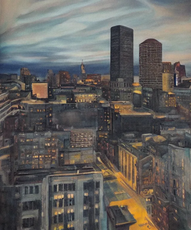 Prompt: horrifying full color photorealistic painting of the view from a 1 9 2 5 hotel terrace balcony overlooking a warped view of downtown boston with a cosmic sky, dark, atmospheric, brooding, smooth, finely detailed, cinematic, epic, in the style of lee gibbons