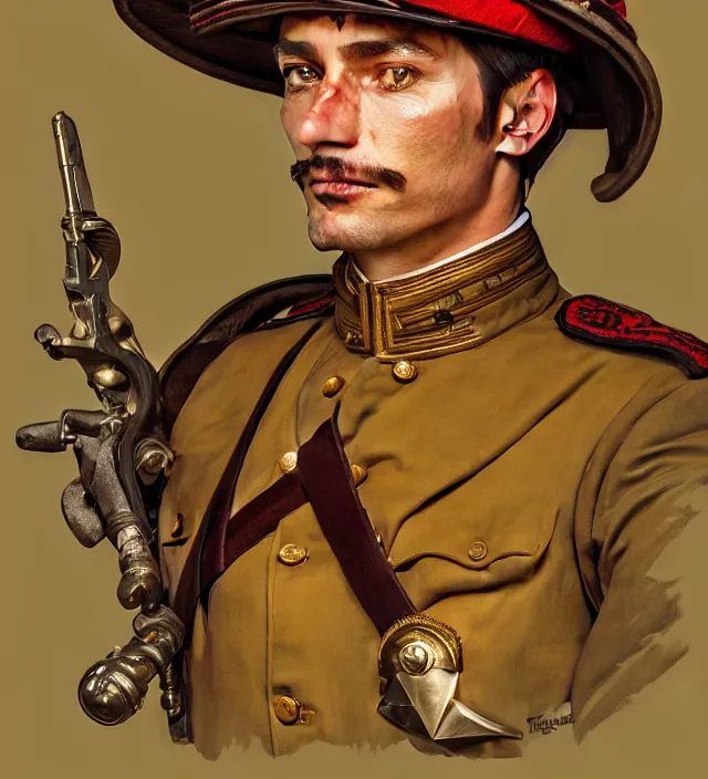 Image similar to portrait of a man wearing a traditional nineteenth century french foreign legion uniform, kepi hat, metal shoulder pauldrons, intricate, highly detailed, digital painting, artstation, concept art, sharp focus, cinematic lighting, illustration, art by artgerm and greg rutkowski, alphonse mucha, cgsociety